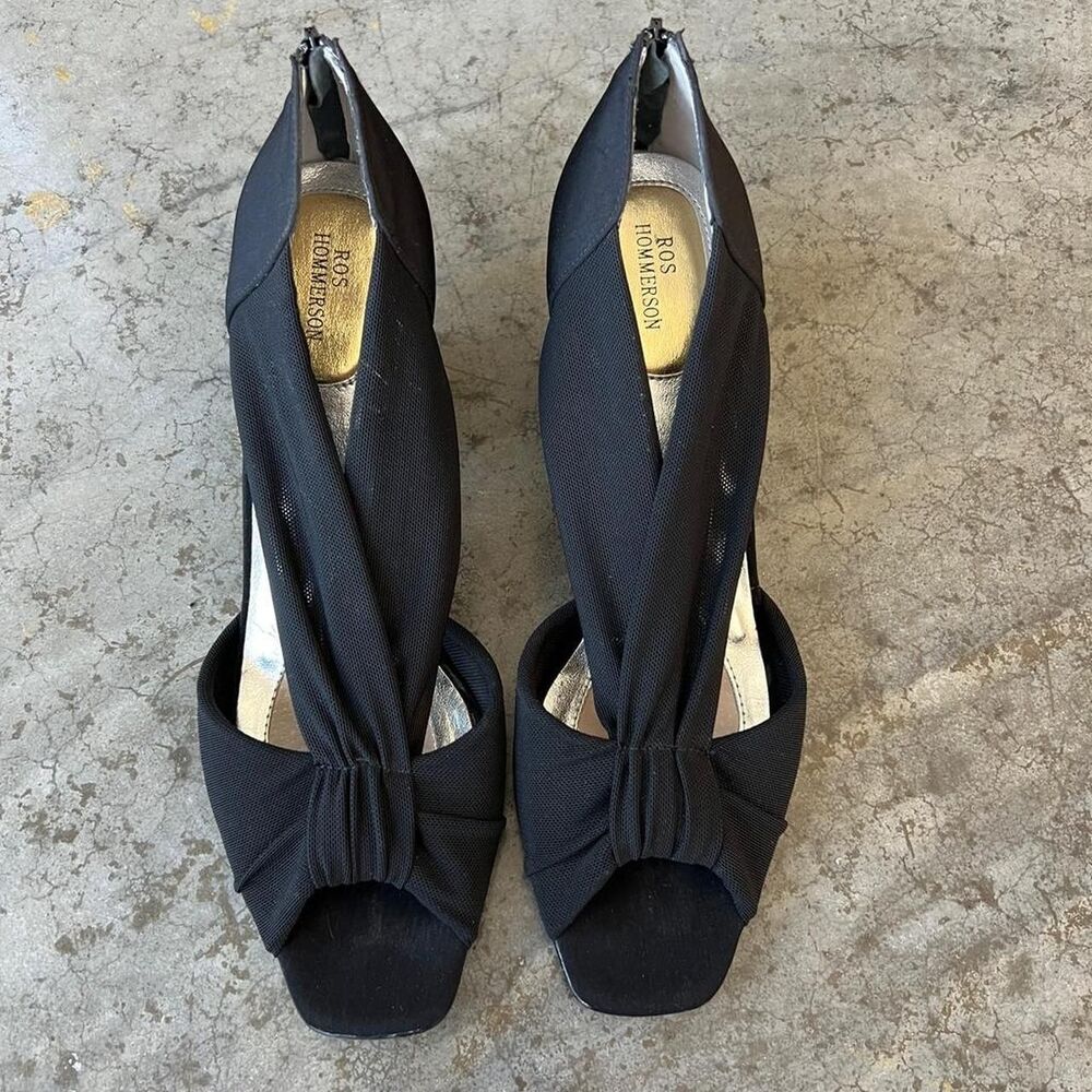 Ros Hommerson Black Mesh Peep Toe Heels Back Zip Size 11 4A Super Slim